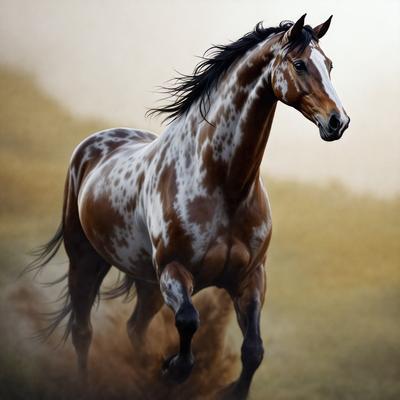 Primary subject: A brown and white spotted horse running through a field.

Setting/background: The horse is running through a grassy field, with a hill in the background.

Visual style: The image is a photo of the horse in motion.

Colors and mood: The horse is brown and white, and the overall atmosphere is energetic and dynamic.